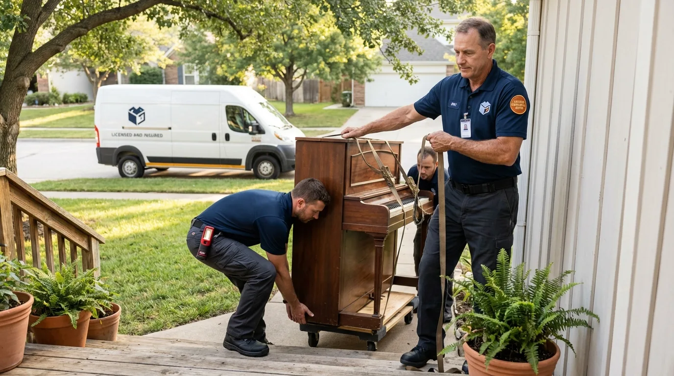 Licensed piano movers securing grand piano in Utuado, PR