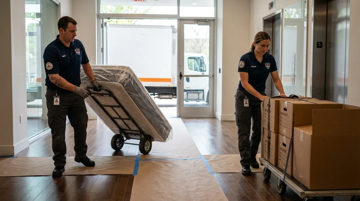 Professional apartment movers loading elevator in Utuado, PR