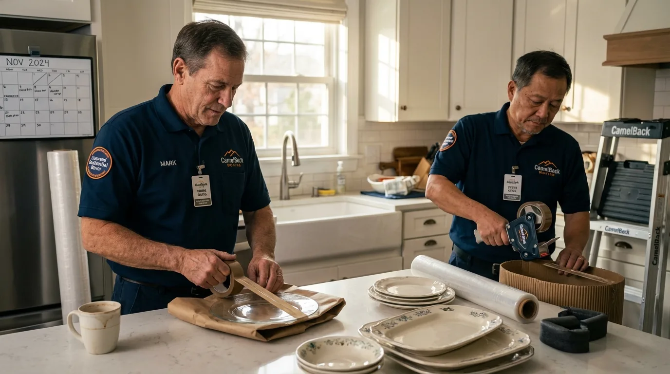 Professional crew packing kitchen dishware in Utuado, PR